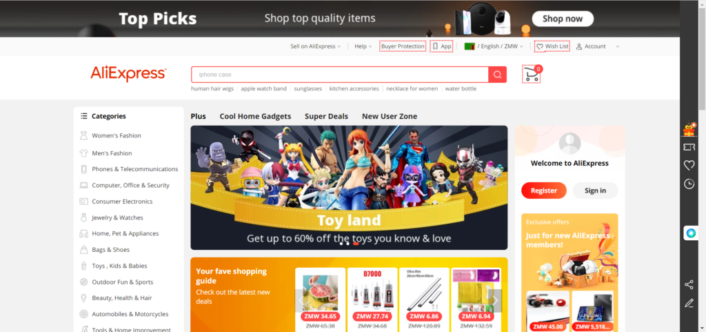 AliExpress home page
