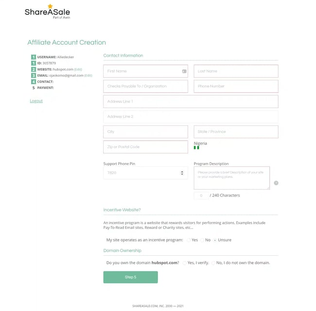 Shareasale: page to submit contact information where  payments will be sent