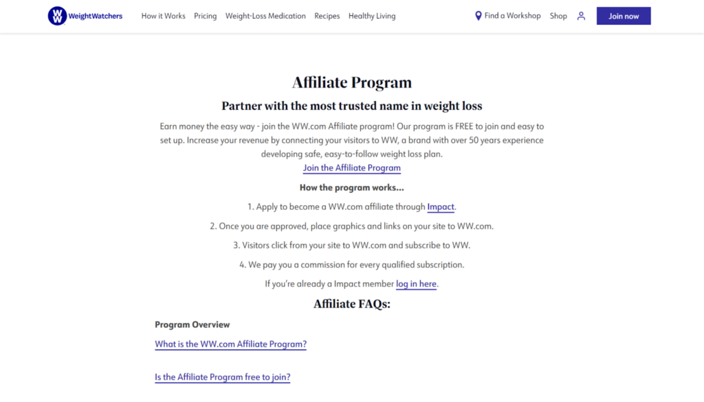 Weight Watchers  affiliate  program website page details