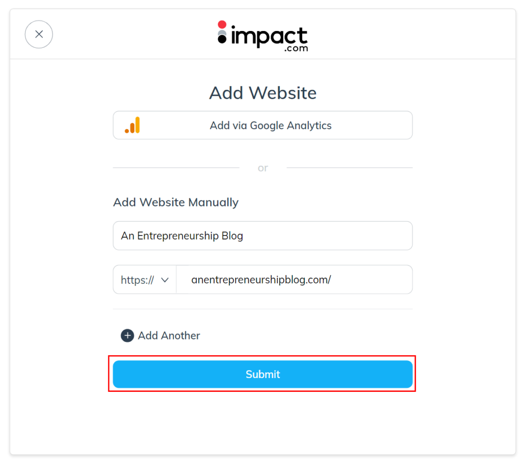 Impact website submission page